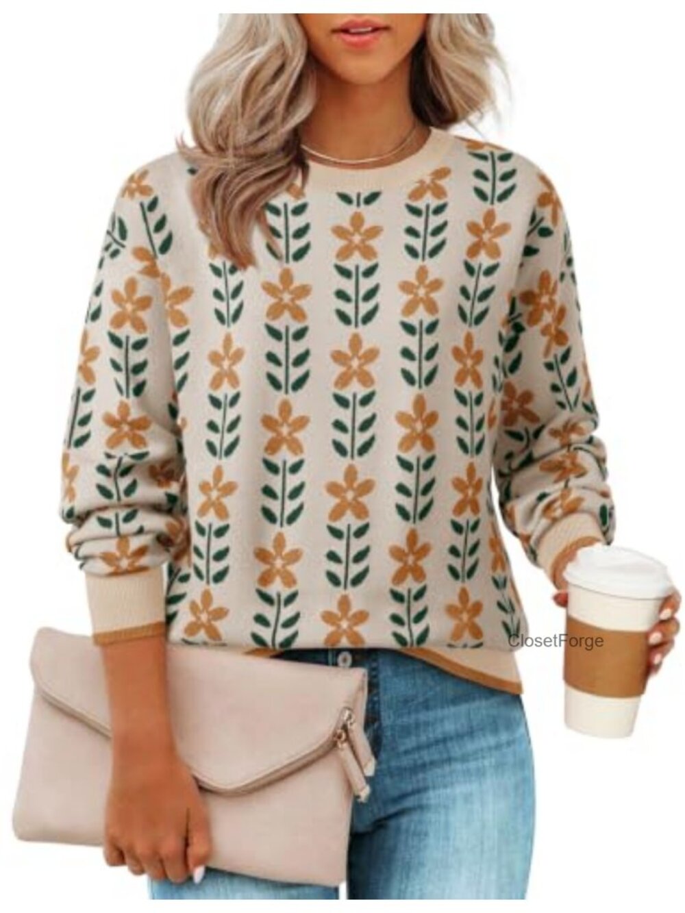 ZESICA Women's Long Sleeve Crewneck Printed Knitted Sweater Pullover